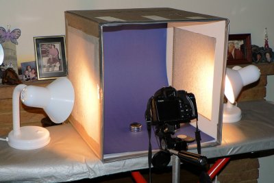 Light box made from old cardboard box, sandwich wrap and two desk lamps