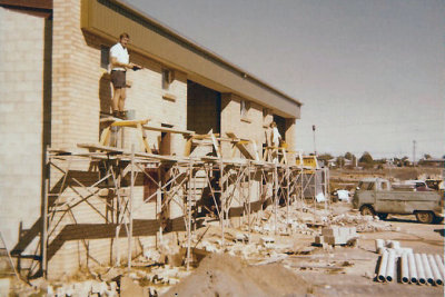 Garry on top of a workcover approved scaffold at the units behind K&Rs office in 1977.