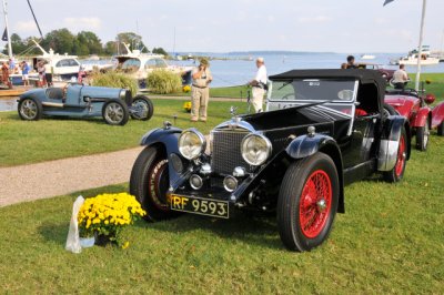 1933 Invicta S 4½ Litre Tourer, foreground, and 1929 Bugatti Type 45 16-cylinder Grand Prix race car