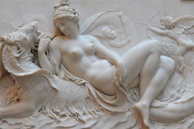 Venus Reclining on a Sea Monster With Cupid and a Putto, 1785-87, by John Deare, English, 1759-1798, marble. At Getty Center.