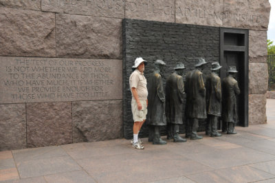 The Roosevelt Memorial was designed by Lawrence Halprin and includes works by various sculptors.