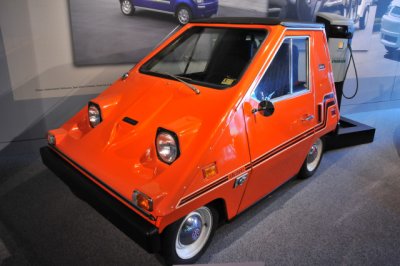 Electric 1976 CitiCar, by Sebring Vanguard, on loan from Leon L. Nonnemaker. About 2,600 units were sold. Range: up to 50 miles.