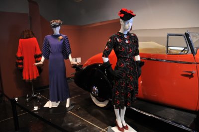 From left, Paquin evening coat, 1930-1, silk chiffon with fur; dress, 1935-6. rayon crepe; Hattie Carnegie dress, 1939, silk