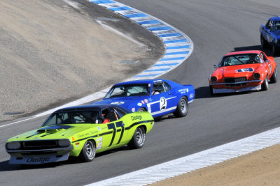 No. 77, Ken Epsman, 1970 Dodge Challenger; No. 2, Bruce Canepa, 1969 Ford Mustang; No. 13, Tomy Drissi, 1970 Chevrolet Camaro