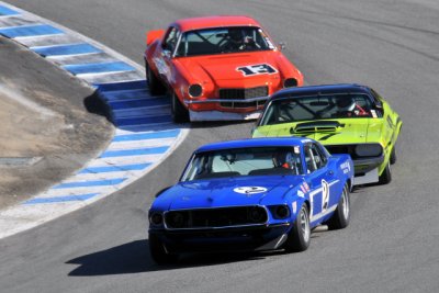 No. 2, Bruce Canepa, 1969 Ford Mustang; No. 77, Ken Epsman, 1970 Dodge Challenger; No. 13, Tomy Drissi, 1970 Chevrolet Camaro