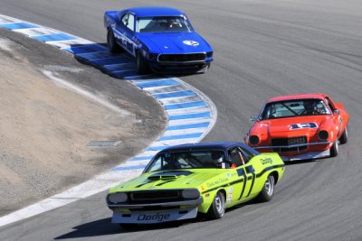 No. 77, Ken Epsman, 1970 Dodge Challenger; No. 13, Tomy Drissi, 1970 Chevrolet Camaro; No. 2, Bruce Canepa, 1969 Ford Mustang