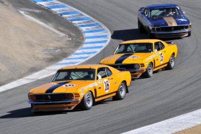 No. 16, A. Ross Myers, 1970 Boss 302 Mustang; No. 15, Daniel Lipetz, 1970 Boss 302; No. 78, Michael Martin, 1970 Boss 302