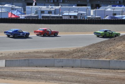 No. 77, Ken Epsman, 1970 Dodge Challenger; No. 13, Tomy Drissi, 1970 Chevrolet Camaro; No. 2, Bruce Canepa, 1969 Ford Mustang