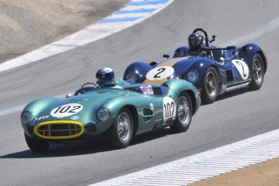 No. 102, Gregory Whitten, 1957 Aston Martin DBR2, and No. 2, Larry Bowman, 1958 Lister Chevrolet