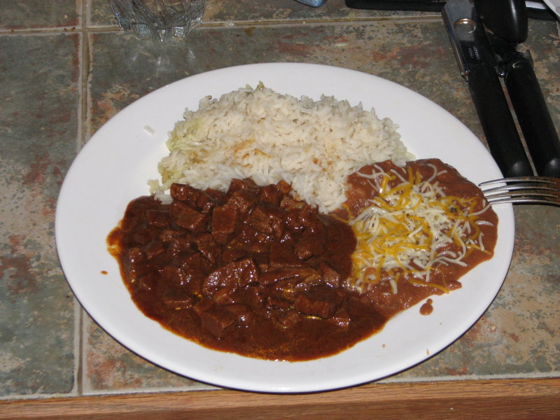 Carne Guisada, rice and beans