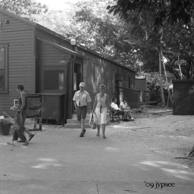 outside the lab, walking in the winter shade