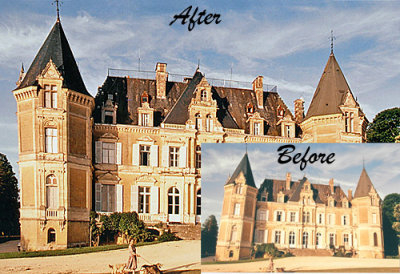 This photograph was enlarged x 2, colour corrected and the buildings perspective transformed