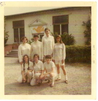Campers outside of the Dining Room, A Kaufstein, S Gottlieb, R Itzkowitz, E Silverstein, L Brown, T Plever & W Strell 1968.jpg