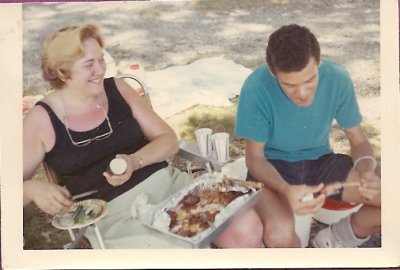 Parents visiting day 1968 Ruth Singer camper and parent Bobby Smith CITs with Moms famous spare ribs.jpg