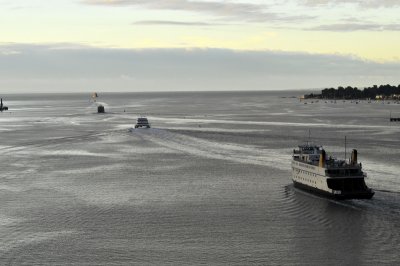 Ferries heading out across the Sound