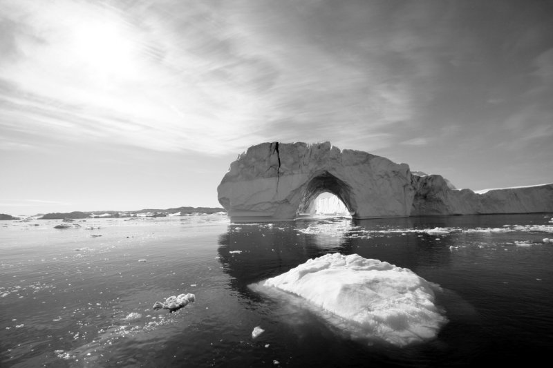 Icebergs floating across Disco Bay