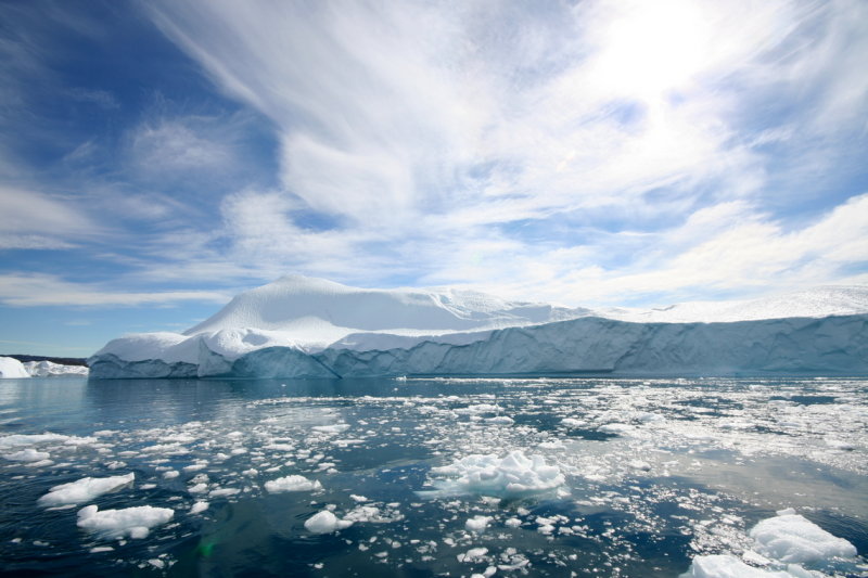 Icebergs floating across Disco Bay