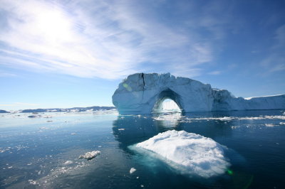 Icebergs floating across Disco Bay (Greenland)