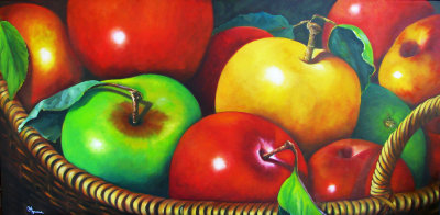 BASKET OF APPLES. 24 x 48  OIL ON CANVAS