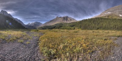 Kananaskis Country meadows, with Mt Myautey on the left, and Mt Defender in the middle