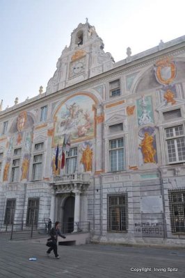 Frescoes on the façade of the Palazzo di San Giorgio.  The figure of St George slaying the dragon is visible