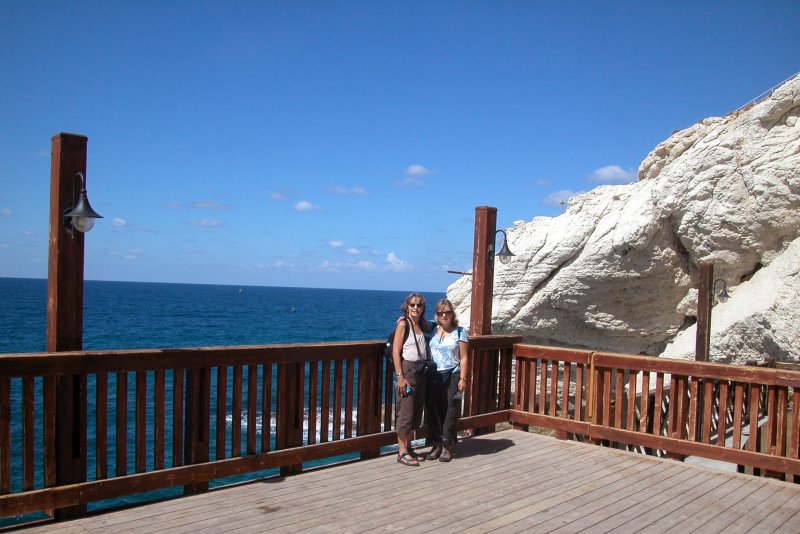 Judy and Orna at Rosh Hanikra - at the Lebanese border marked by the buoys in the background.