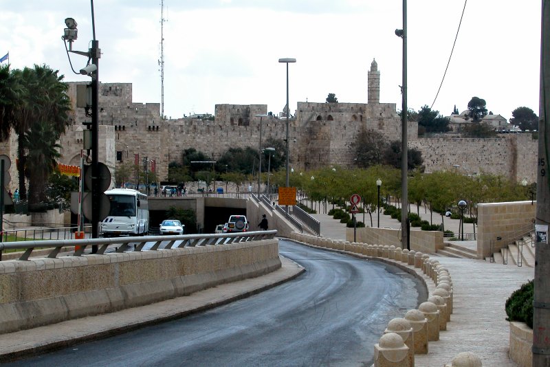 Approaching the Old City in Jerusalem. The wall surrounding the Old City is seen.