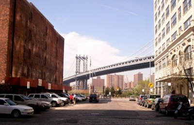 The Manhattan Bridge, looking north on Main Street at its intersection with Water Street - in the DUMBO area of Brooklyn