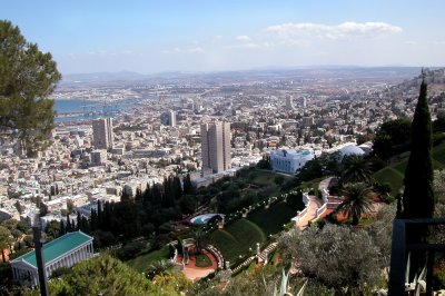 The Bahai Gardens. Haifa and the Mediterranean Sea (Bay of Haifa) are in the background