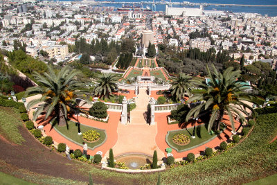 The Bahai Gardens in Haifa. Haifa and the Mediterranean Sea are in the background.