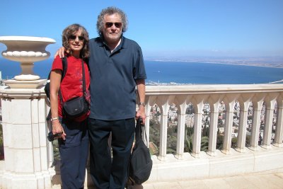 Judy and Richard in the Bahai Gardens in Haifa. Haifa and the Mediterranean Sea are in the background.