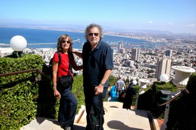 Judy and Richard in the Bahai Gardens in Haifa. Haifa and the Mediterranean Sea are in the background.