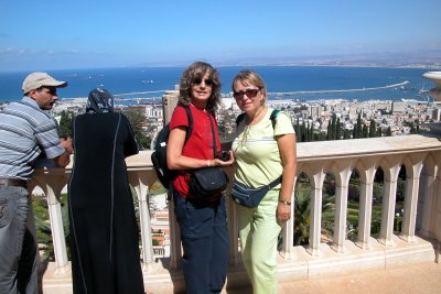 Judy and Orna in the Bahai Gardens in Haifa. Haifa and the Mediterranean Sea are in the background.