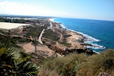 The Israeli coast from Rosh Hanikra looking south along the Mediterranean Sea - at the Lebanese border.
