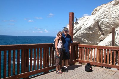 Judy and Richard at Rosh Hanikra - at the Lebanese border marked by the buoys in the background.