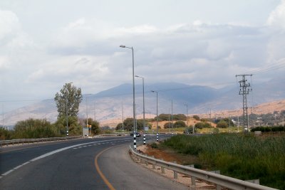 On the eastern side of the Hula Valley approaching the Golan Heights, with Mt. Hermon in the background