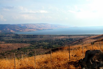 The Sea of Galilee with mountains in Jordan in the background.