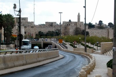 Approaching the Old City in Jerusalem. The wall surrounding the Old City is seen.