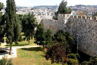 The Old City Wall and an area of Jerusalem outside the Wall.