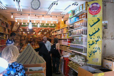 Jerusalem: Judy shopping in an indoor Arab market in the Muslim Quarter of the Old City.