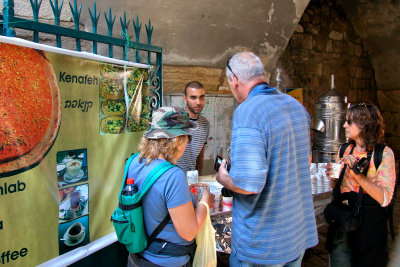 Jerusalem: Old City  Judy, Moshe & Orna bought a drink called Sahlab at an Arab stand in the Muslim Quarter of the Old City.