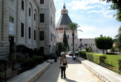Nazareth: Judy - behind her is  the Basilica of the Annunciation. Gabriel's announcement to Mary occurred here.