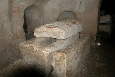Bet Shearim: A sarcophagus in the catacombs of the Cave of the Coffins in the necropolis of the ancient city of Bet Shearim.