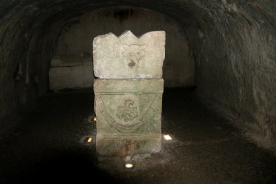 Bet Shearim: Sarcophagus with a carved bird & another animal - in the catacombs of the Cave of the Coffins in the necropolis.