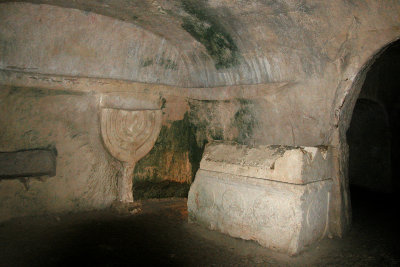 Bet Shearim: Carved menorah (universal symbol of Judaism) - in the catacombs of the Cave of the Coffins in the necropolis.