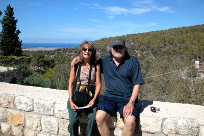 Judy and Richard in Ein Hod which is a communal settlement of artists and craftspeople. Mediterranean Sea is in the background.