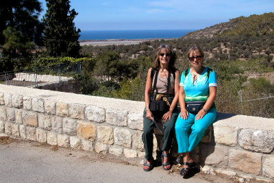 Judy and Orna in Ein Hod whcih is a communal settlement of artists and craftpeople. Mediterranean Sea is in the background.