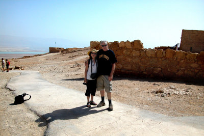 Judy and Moshe on top of Masada with the Dead Sea in the background.