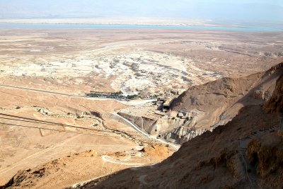 Looking down from the upper cable car station at Masada as we were leaving. The Dead Sea is in the background.