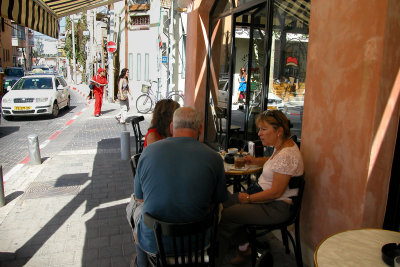 Judy, Orna and Moshe at an outdoor caf in Neve Tzedek  the oldest section of Tel Aviv.